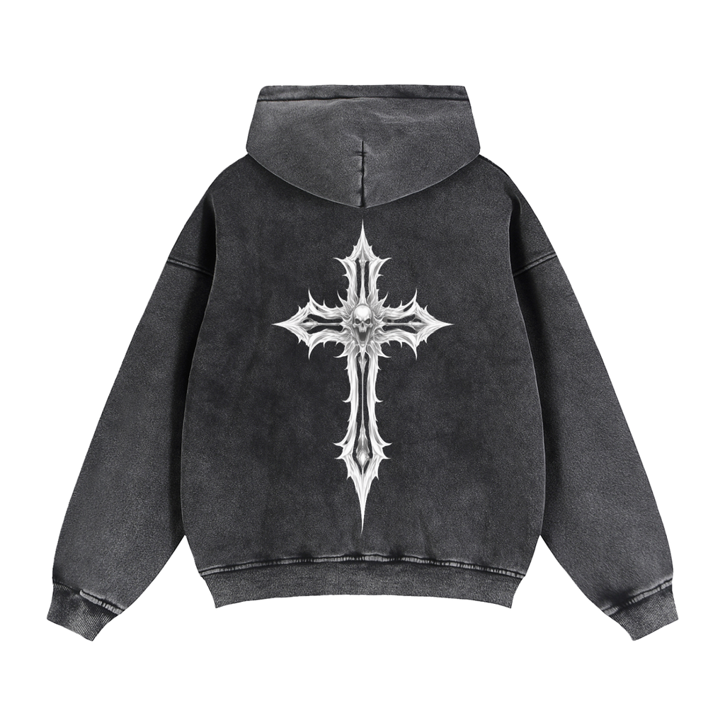 Hoodie Simple back cross Zip-Through Boxy Fleece Hoodie