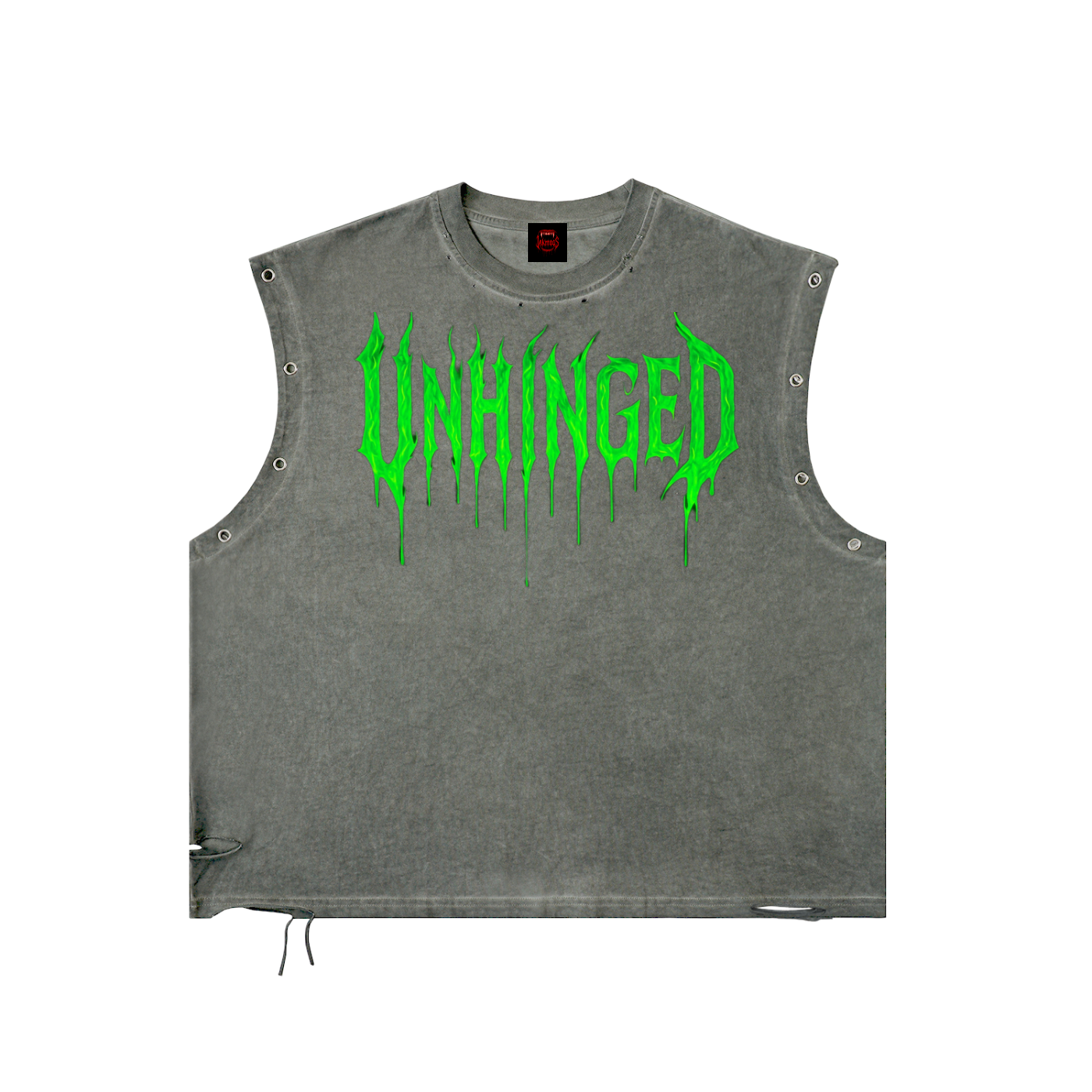 Tank top- unisex GREEN UNHINGED.                Distressed Grommet Eyelet Tank Top