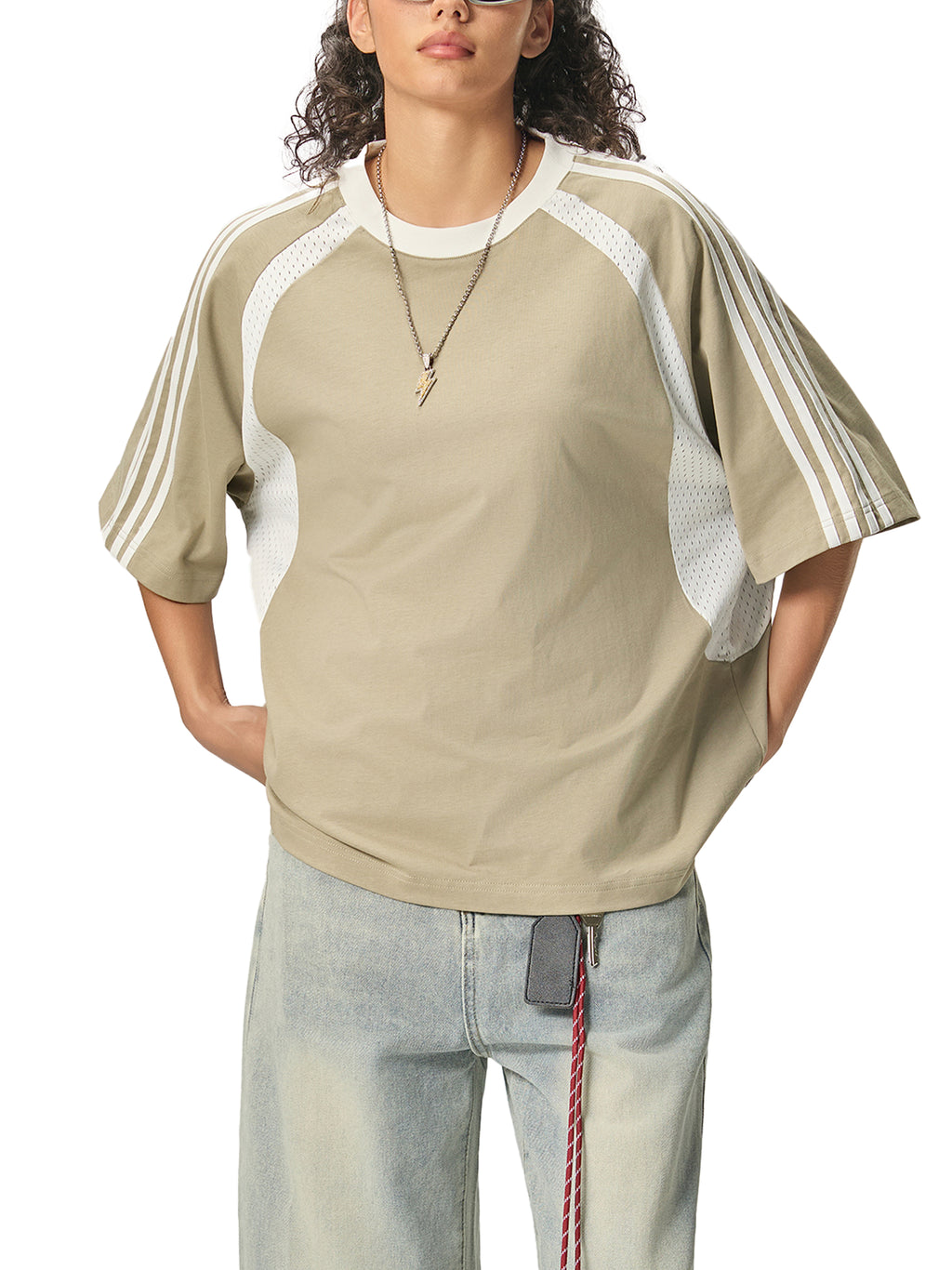 Top unisex white unhinged Contrast Stripes Panel Mesh T-shirt