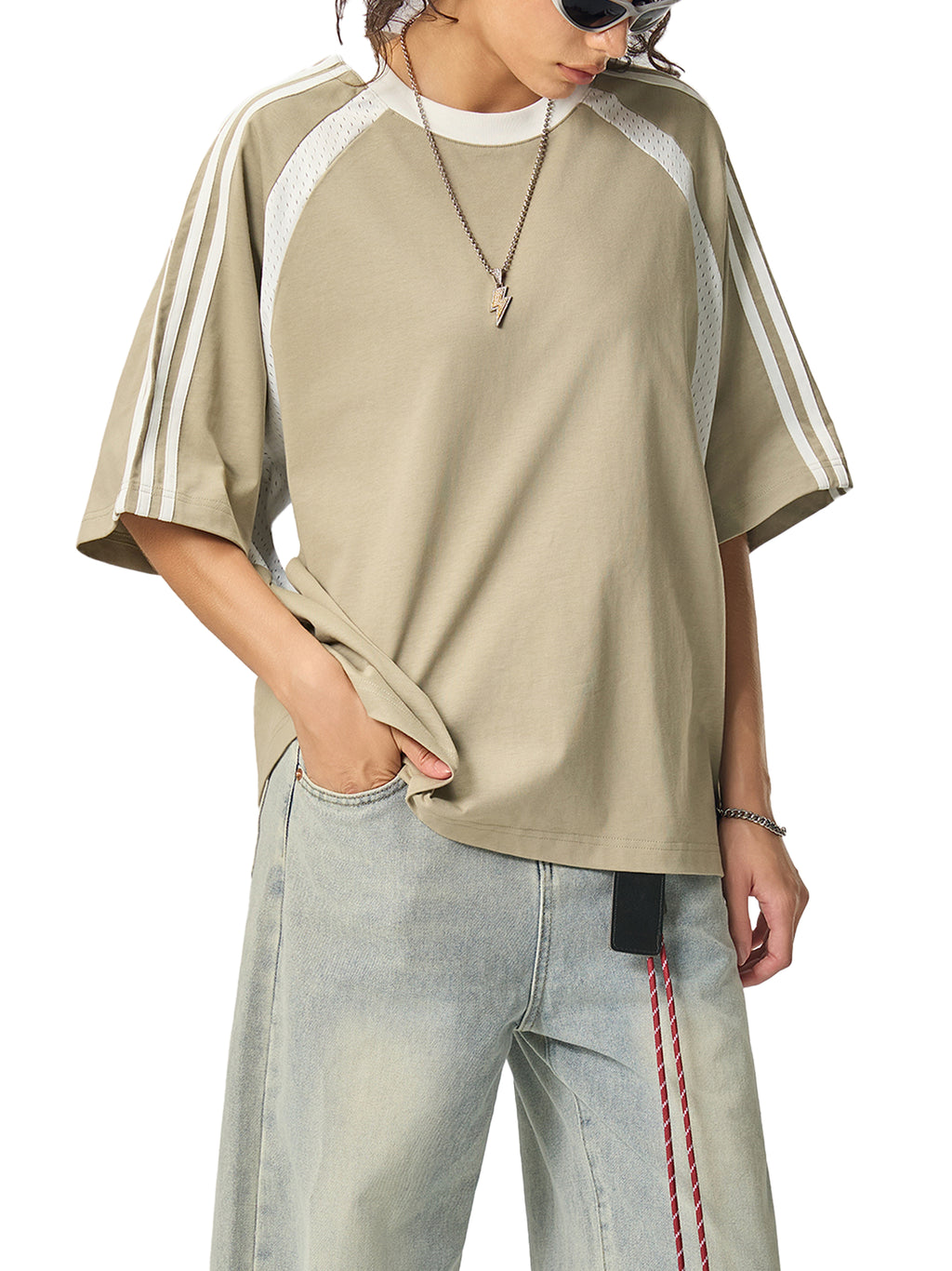 Top unisex white unhinged Contrast Stripes Panel Mesh T-shirt