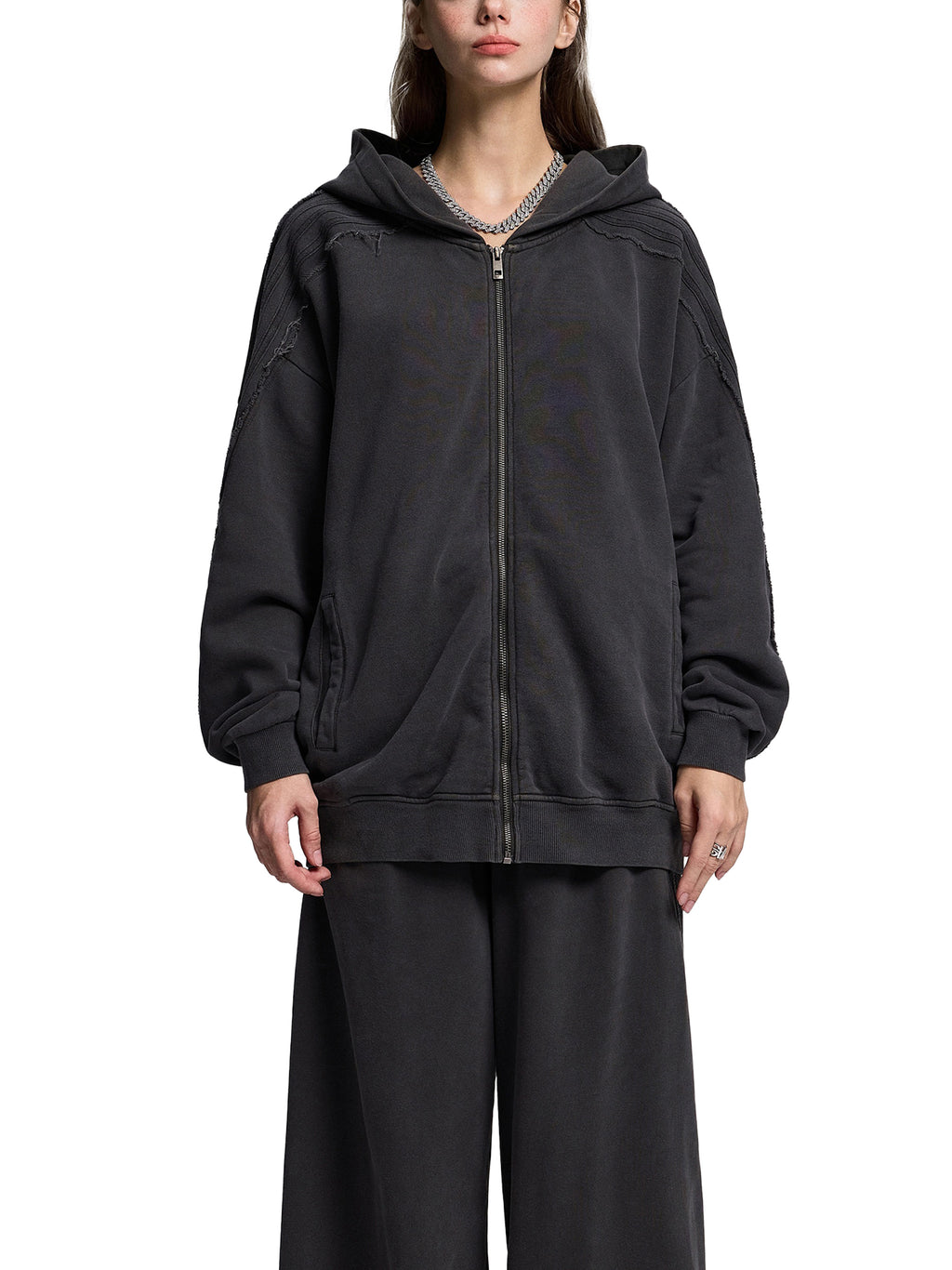 Made to mog Snow Washed Tape Raw Edge Zip Hoodie