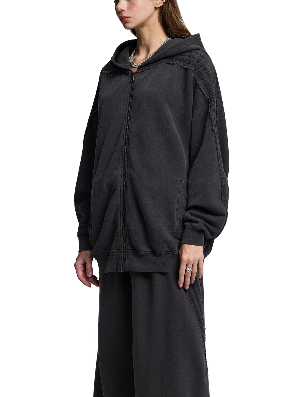 Made to mog Snow Washed Tape Raw Edge Zip Hoodie