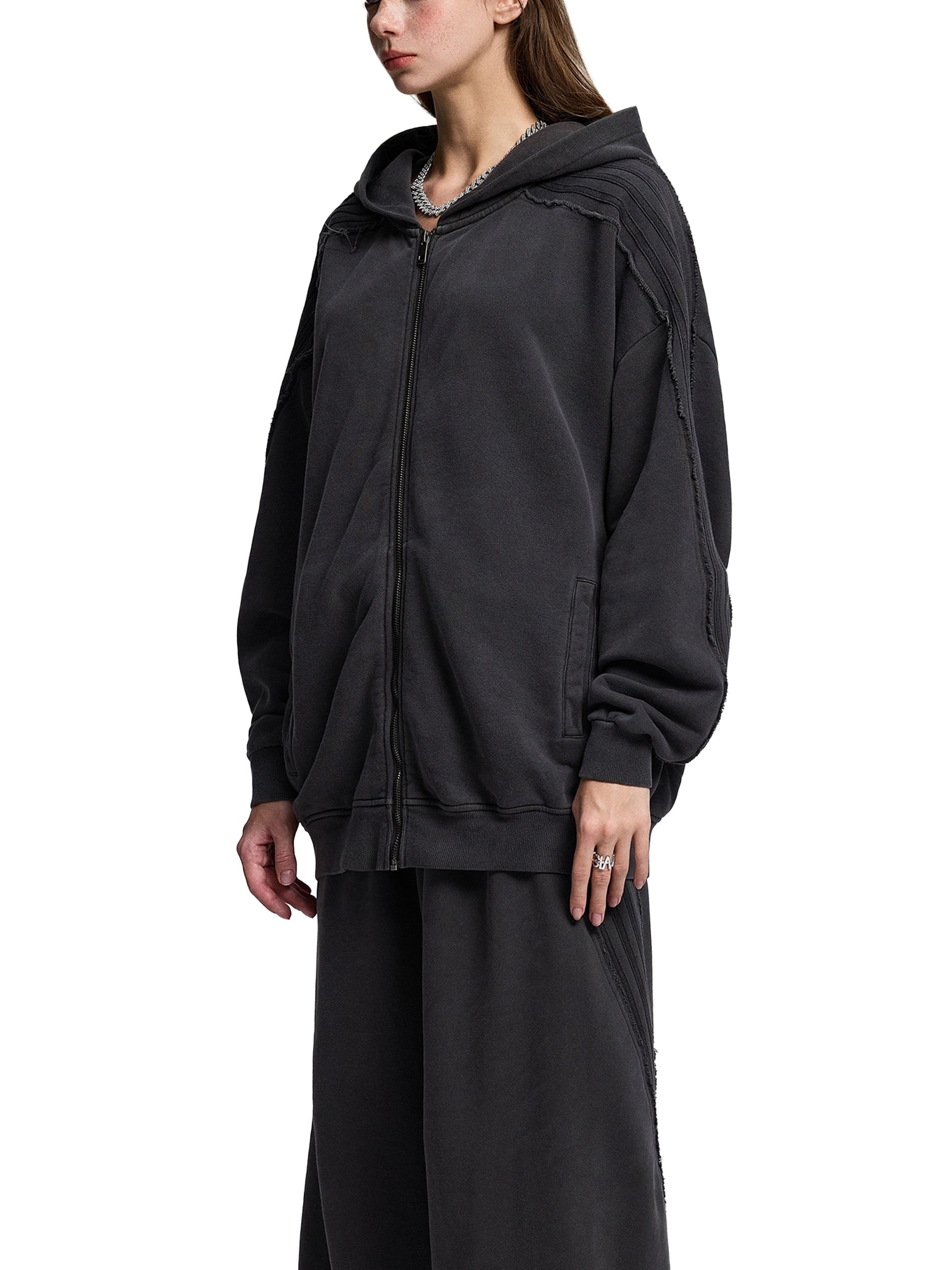 Made to mog Snow Washed Tape Raw Edge Zip Hoodie