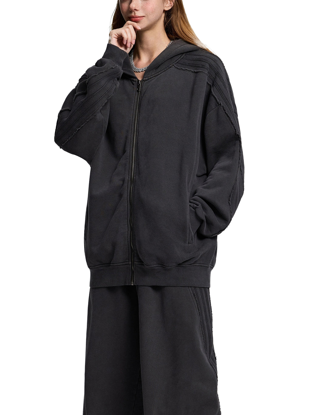 Made to mog Snow Washed Tape Raw Edge Zip Hoodie