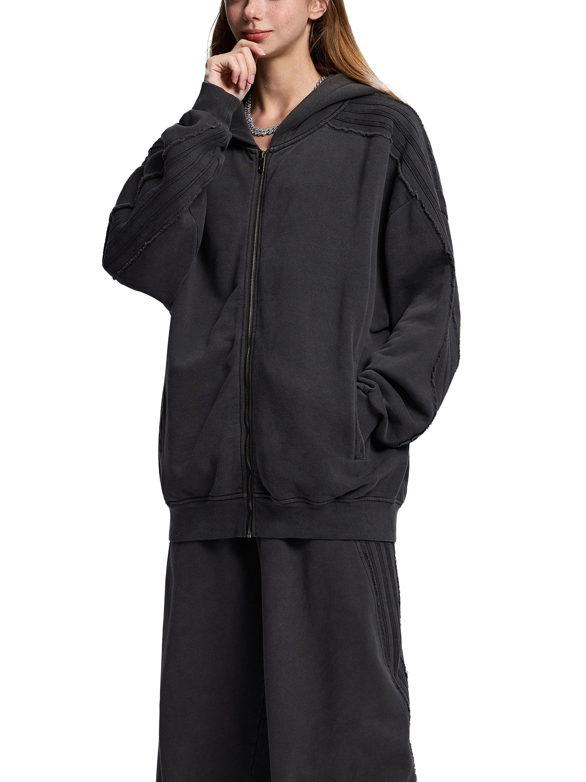 Made to mog Snow Washed Tape Raw Edge Zip Hoodie