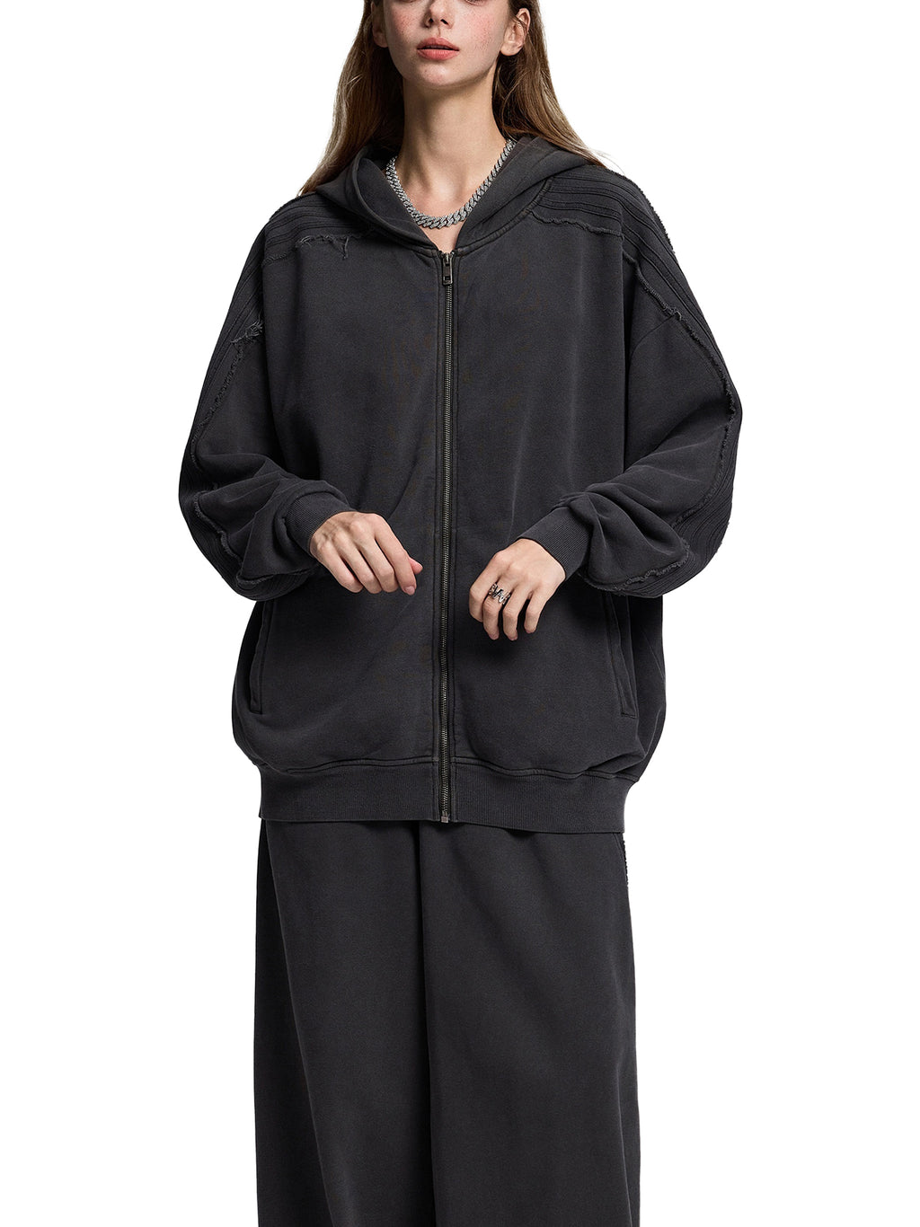 Made to mog Snow Washed Tape Raw Edge Zip Hoodie