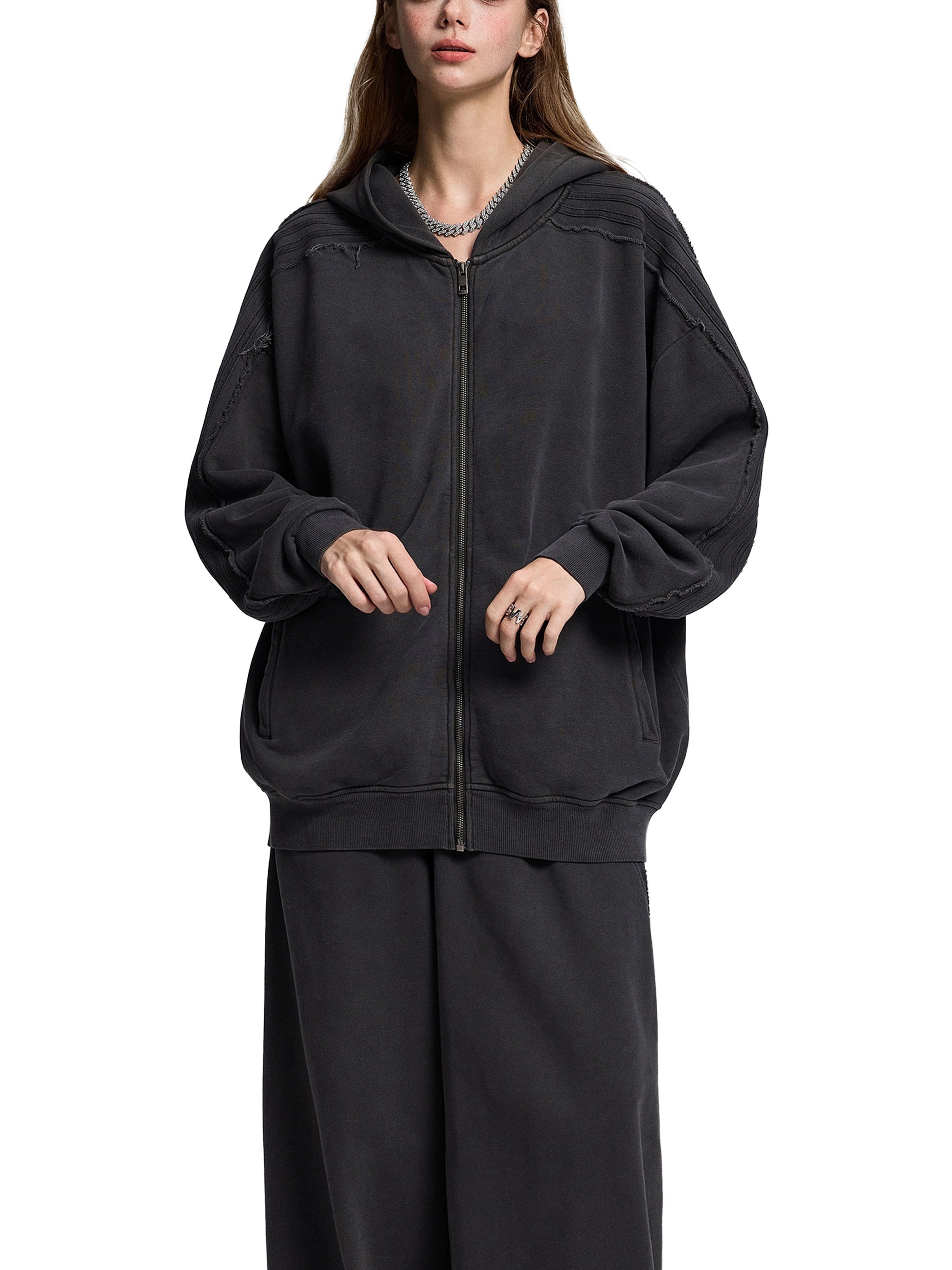 Made to mog Snow Washed Tape Raw Edge Zip Hoodie