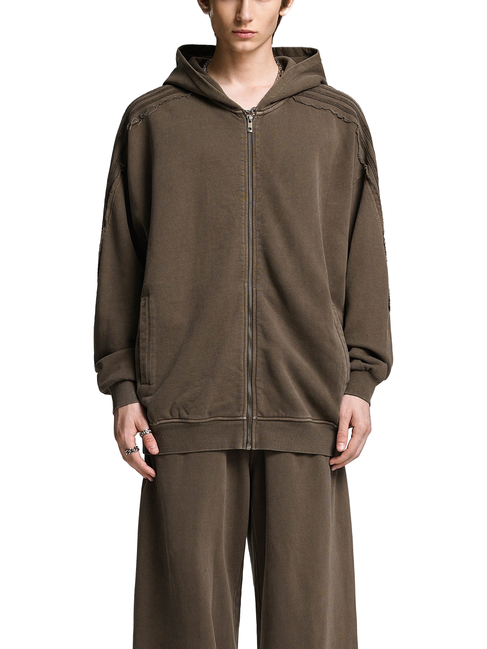 Made to mog Snow Washed Tape Raw Edge Zip Hoodie