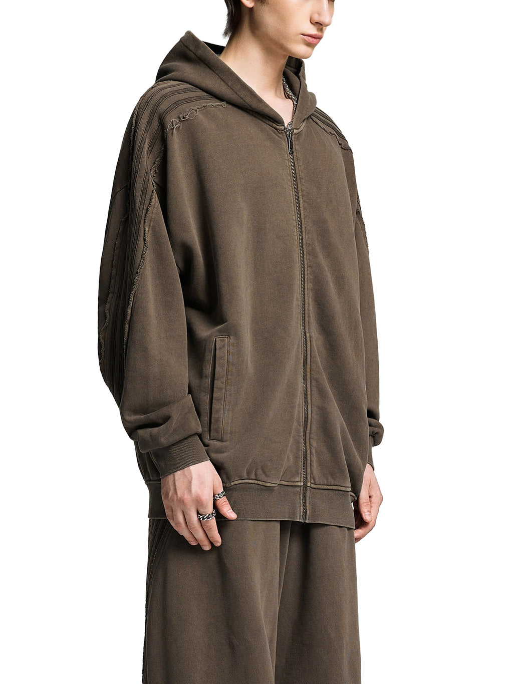 Made to mog Snow Washed Tape Raw Edge Zip Hoodie