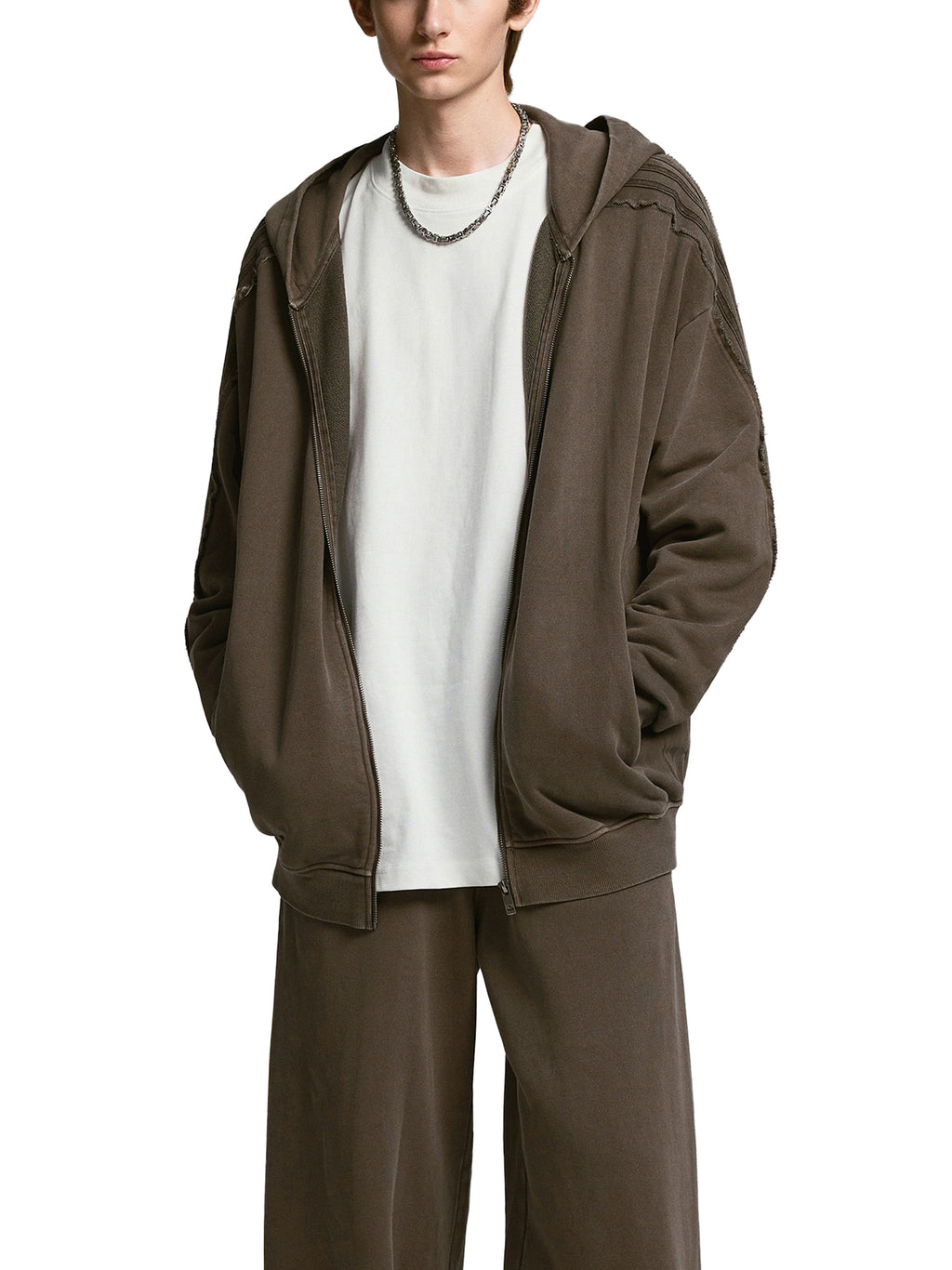 Made to mog Snow Washed Tape Raw Edge Zip Hoodie