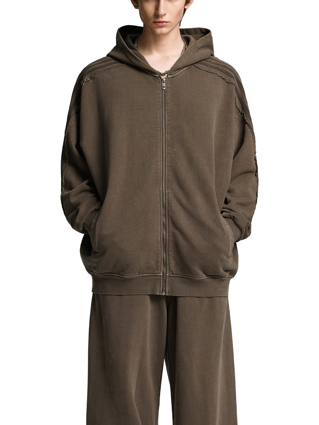 Made to mog Snow Washed Tape Raw Edge Zip Hoodie