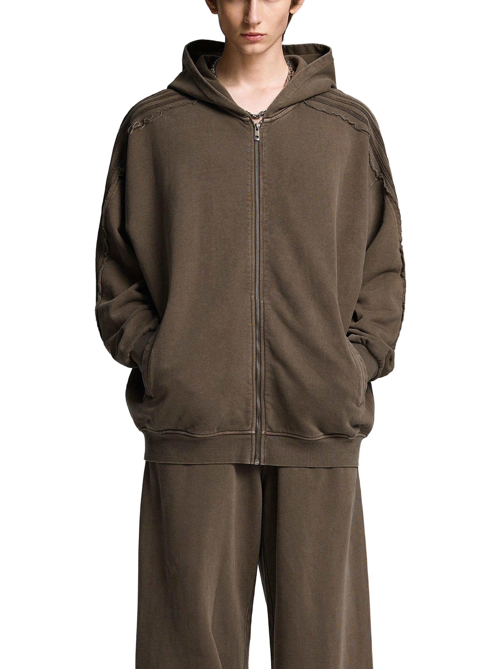 Made to mog Snow Washed Tape Raw Edge Zip Hoodie